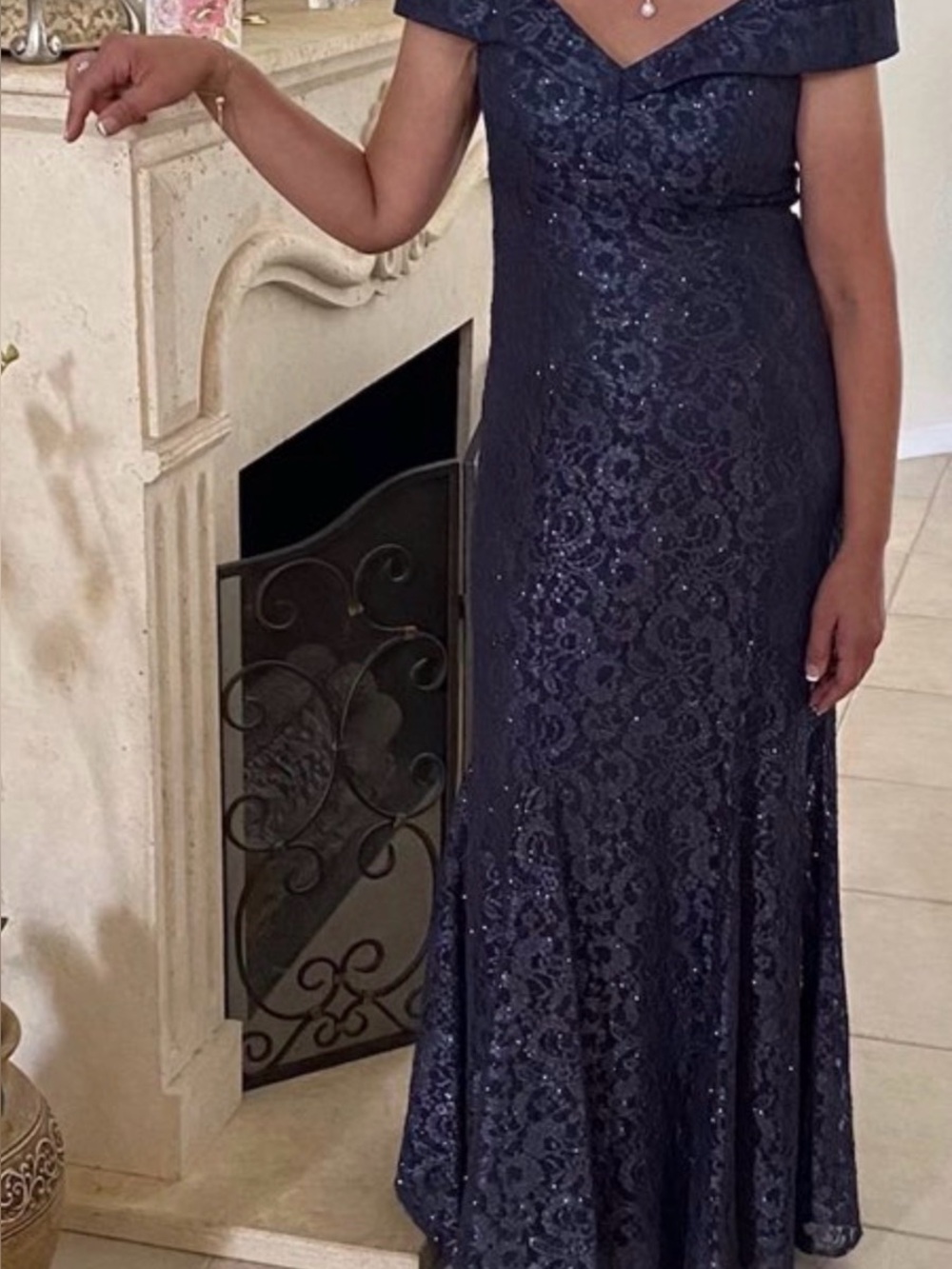R&M Richards Navy Off-Shoulder Lace Sequin Maxi Dress